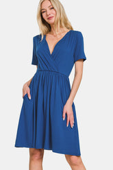 Zenana Surplice Short Sleeve Brushed DTY Dress Navy OutfitFlow